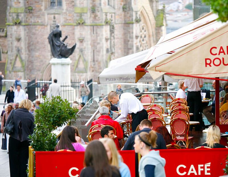 Outdoor café seating in a Birmingham city centre square