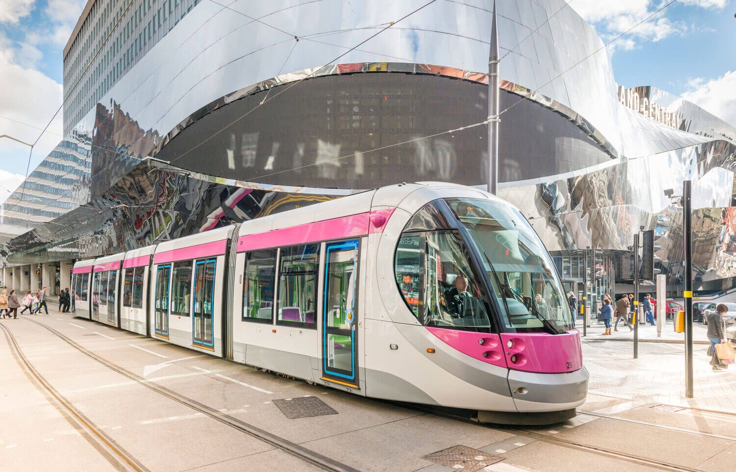 West Midlands Metro tram running through central Birmingham